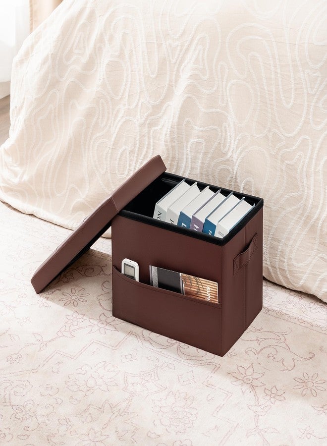 Asense Small Storage Ottoman,Foldable Foot Stool with Reversible Tray Lid and Side Pocket,Leather Ottoman Foot Rest Stool with Padded Seat,for Living Room Bedroom,11.6x16.3x11.4 Inches,Brown - Image 2