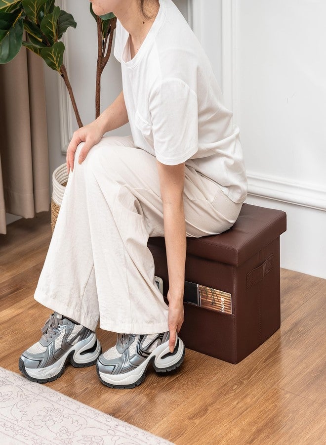 Asense Small Storage Ottoman,Foldable Foot Stool with Reversible Tray Lid and Side Pocket,Leather Ottoman Foot Rest Stool with Padded Seat,for Living Room Bedroom,11.6x16.3x11.4 Inches,Brown - Image 3