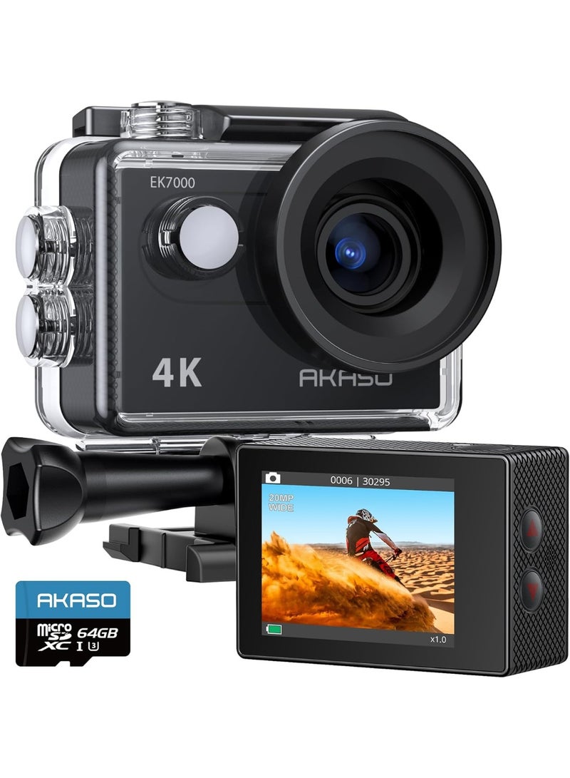 AKASO EK7000 4K30FPS 20MP Action Camera with 64GB microSDXC Memory Card 4k Ultra HD Camera Underwater 131FT Waterproof Camera 170 Degree Wide Angle Support External Microphone - Image 1