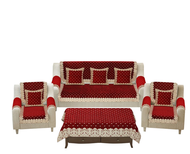 SAWNA HOMES Premium 5 Seater Printed Velvet Sofa Cover Set With Arm Covers & Cushion + Table Cover,3,1,1 Seater 16 Pieces Sofa Back Slip Panels,Premium Stylish Slip Cover Protector,Maroon (Pack Of 18) - Image 2