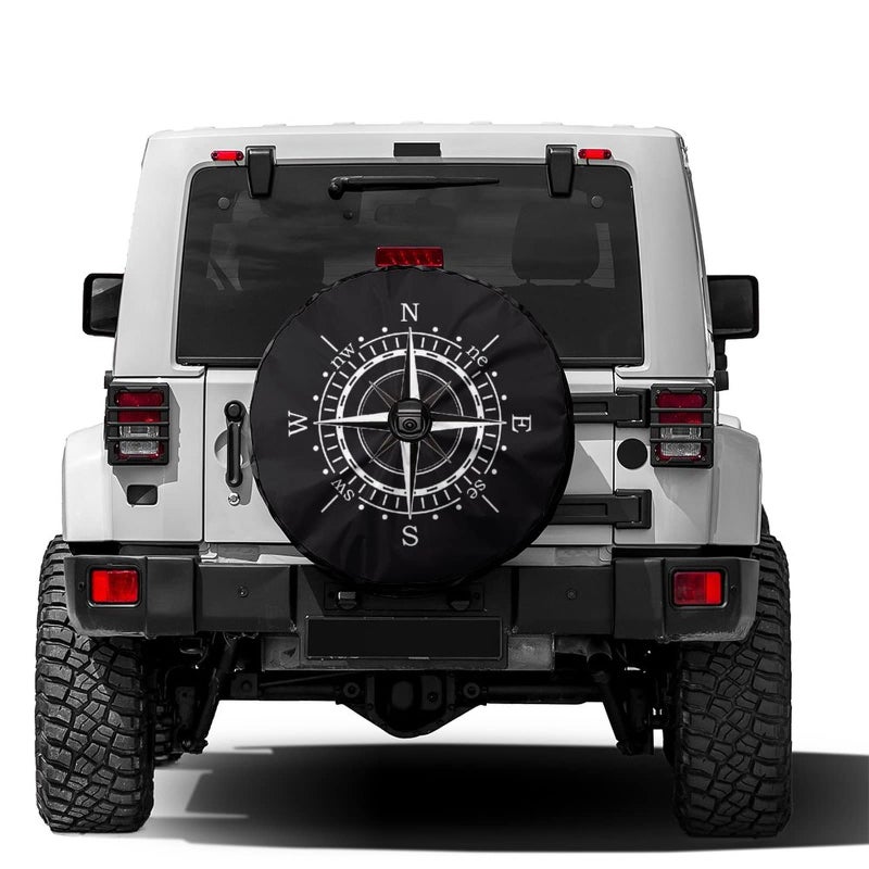 Foruidea Compass Sun Dial Black Spare Tire Cover with Backup Camera Hole Wheel Tire Cover Fit Trailer RV SUV and Many Vehicle 17inch
