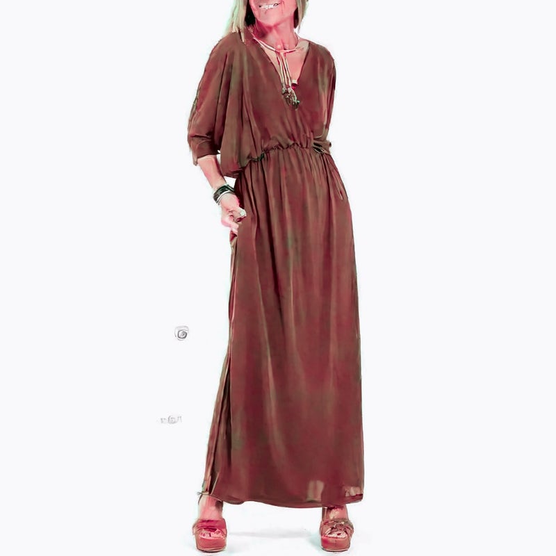 فستان نسائي بقبة V وخصر عالي مع شق جانبي بطول متوسط - Image 4