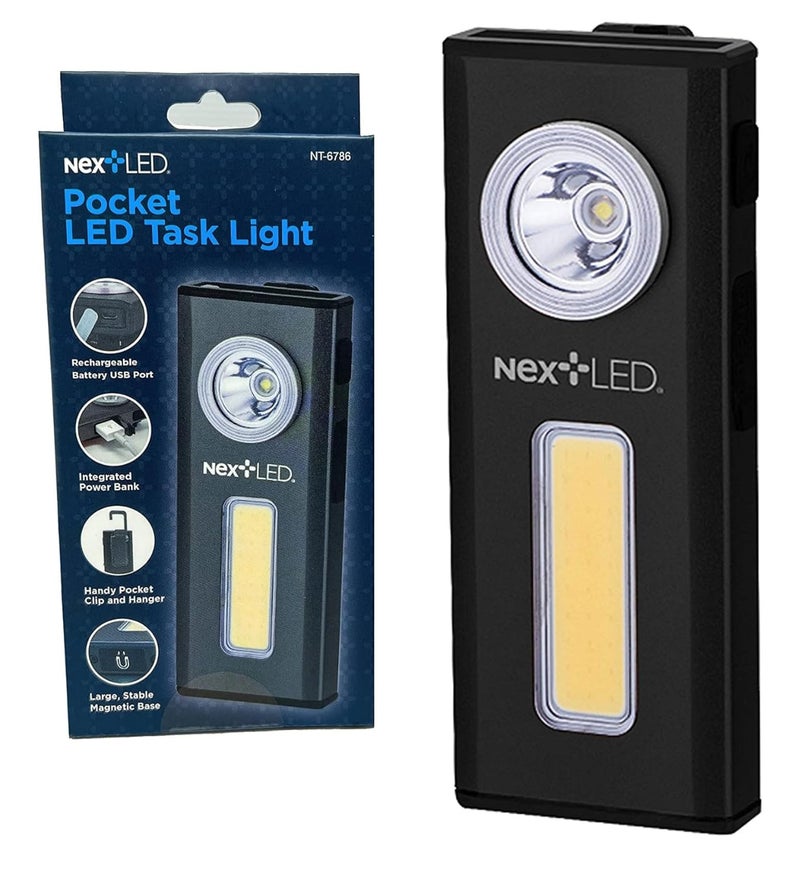 NextLED NT-6786 Rechargeable Slim Rechargeable LED Work Light. Clip on Pocket Flashlight, Cast Aluminum Body, Strong Magnet, Power Bank, IPX4 Waterproof, Spot & Flood Light 2 in 1, Repair/Outdoor - Image 1