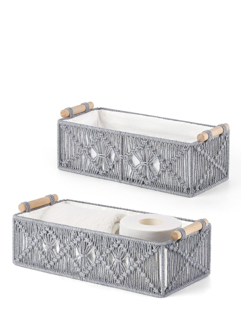 TRASSLE Macrame Storage Baskets Boho Decor Box Handmade Woven Decorative Countertop Toilet Tank Shelf Cabinet Organizer for Bedroom Livingroom Home, 2 pack (White)  - Image 1