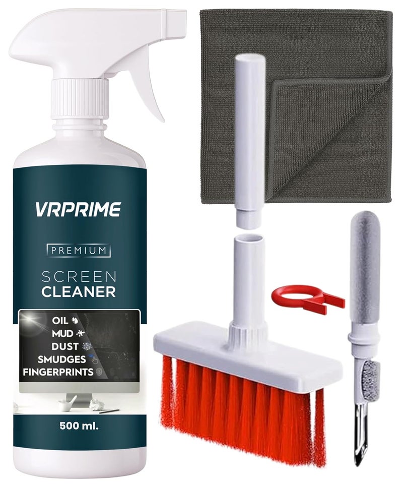 VRPRIME 500ML Laptop Cleaning Kit Screen Cleaner for Keyboard Mobile Phone, Camera Lens, Computer, Gadget, Electronic, TV | with Large Microfibre Cloth & Keyboard AirPods Cleaner Brush - Image 1