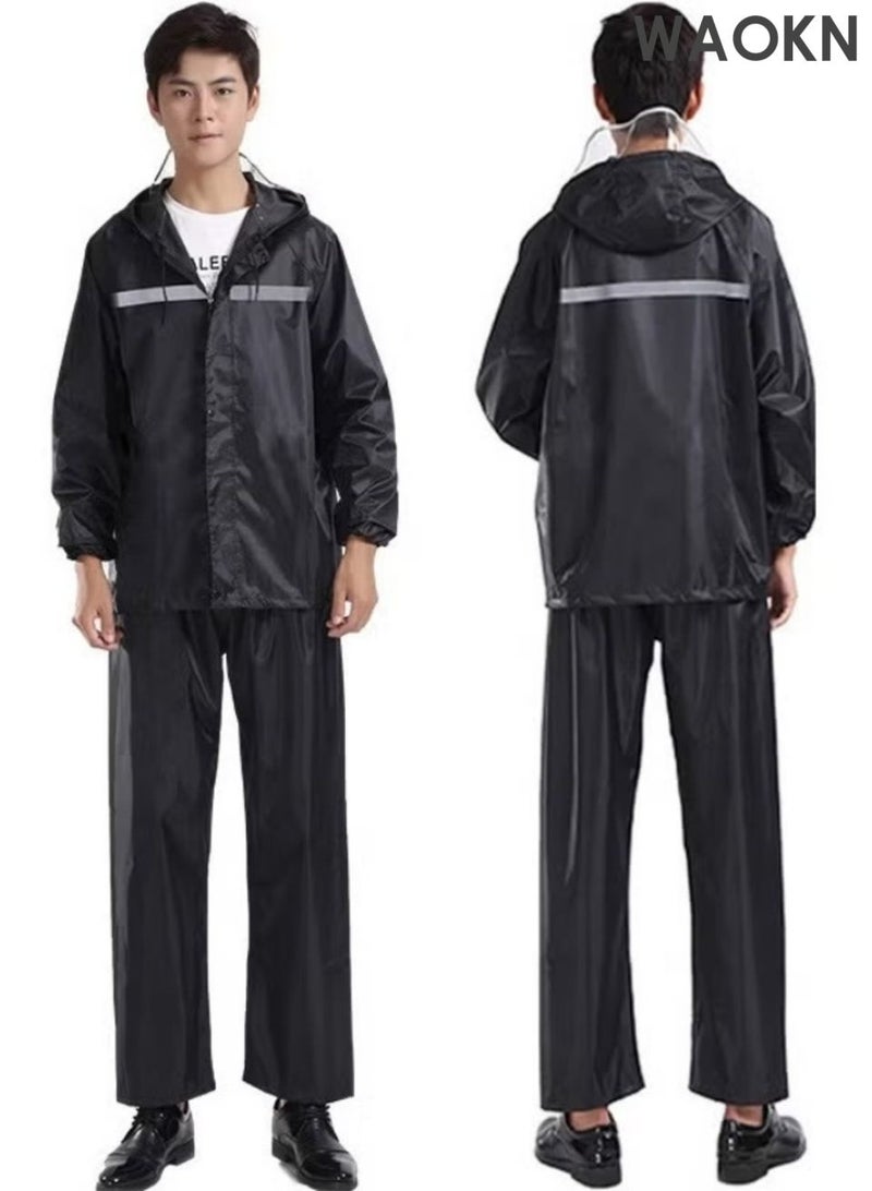 WAOKN Rain Suit Jacket & Trouser Suit Raincoat , Hooded Rain Poncho Lightweight Emergency Jacket for Men & Women , Outdoor All-Sport Waterproof Breathable Anti-storm , Reflective design, safe and sturdy , black . - Image 1