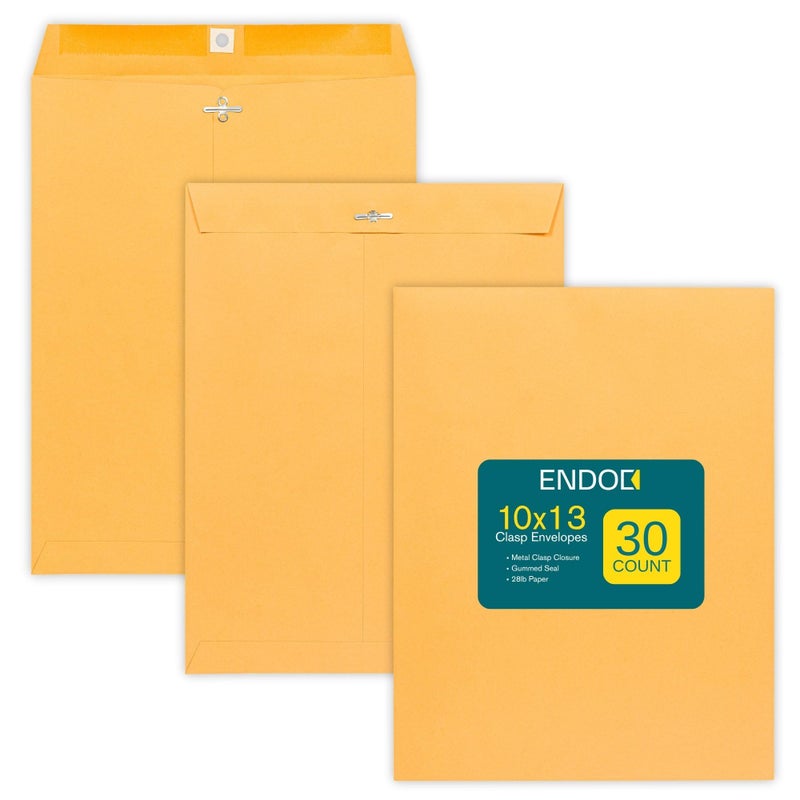 EnDoc Clasp Envelopes â€“ 10x13 Inch Brown Kraft Catalog Envelopes - 30 Pack - with Clasp Closure & Gummed Seal â€“ 28lb Heavyweight Paper Envelopes for Home, Office, Business, Legal or School. - Image 1