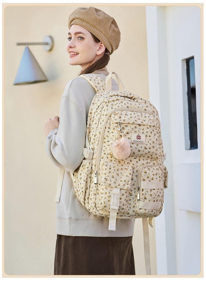 Hidds School Backpack Laptop College Backpacks Corduroy Bag Students Bookbag Anti Theft Travel Daypack for Teens Girls Women, 04-corduroy Beige Floral, 13.5" x 7.1" x 17", School Backpack, College - Image 2