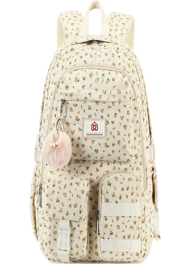 Hidds School Backpack Laptop College Backpacks Corduroy Bag Students Bookbag Anti Theft Travel Daypack for Teens Girls Women, 04-corduroy Beige Floral, 13.5" x 7.1" x 17", School Backpack, College - Image 1
