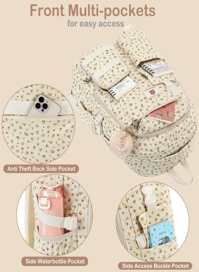 Hidds School Backpack Laptop College Backpacks Corduroy Bag Students Bookbag Anti Theft Travel Daypack for Teens Girls Women, 04-corduroy Beige Floral, 13.5" x 7.1" x 17", School Backpack, College - Image 4