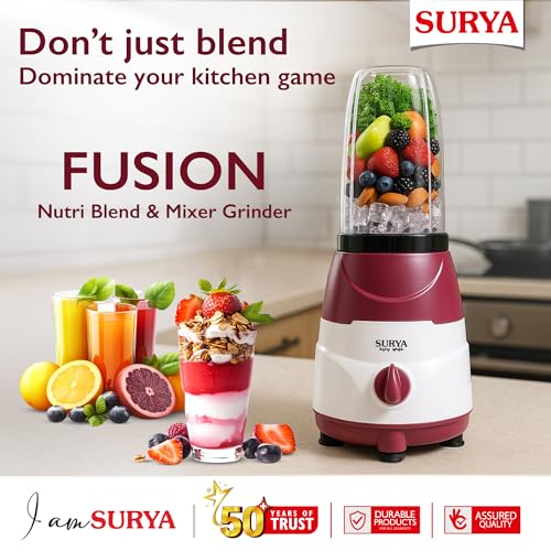SURYA ROSHNI Fusion 500W Nutri Blend & Mixer Grinder with Blender Jar and Multipurpose Grinding Jar, Powerful Motor for Smoothies, Shakes, Chutneys and Dry Grinding for Home & Kitchen - Image 2