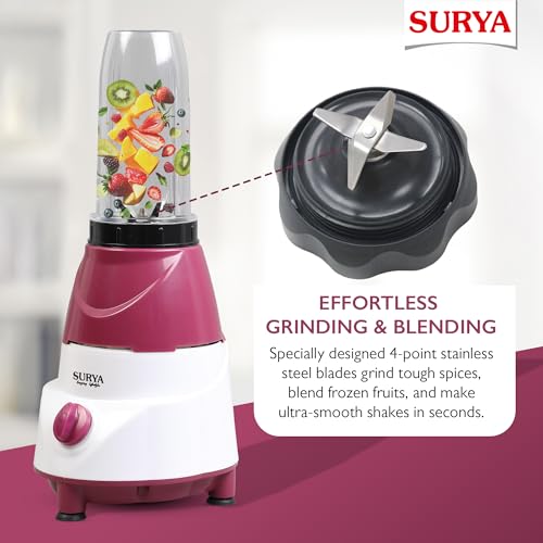 SURYA ROSHNI Fusion 500W Nutri Blend & Mixer Grinder with Blender Jar and Multipurpose Grinding Jar, Powerful Motor for Smoothies, Shakes, Chutneys and Dry Grinding for Home & Kitchen - Image 5