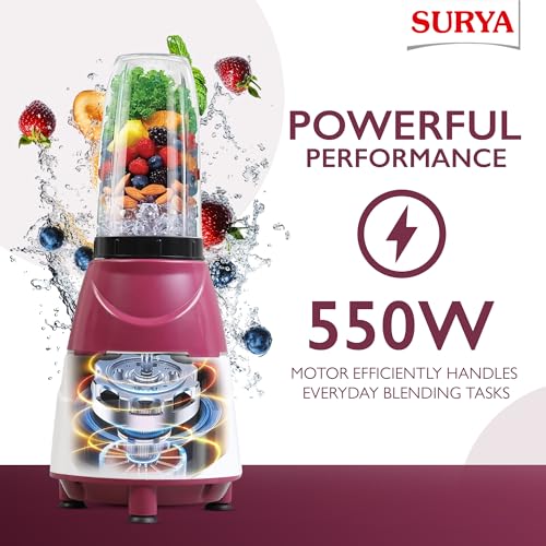 SURYA ROSHNI Fusion 500W Nutri Blend & Mixer Grinder with Blender Jar and Multipurpose Grinding Jar, Powerful Motor for Smoothies, Shakes, Chutneys and Dry Grinding for Home & Kitchen - Image 3