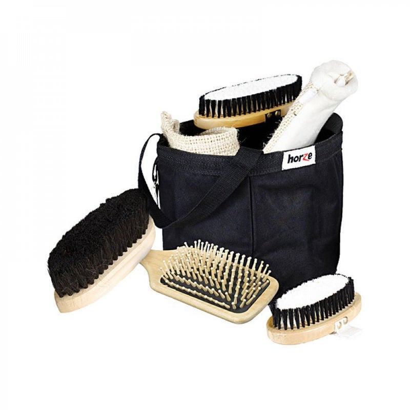 HORZE 7-Piece Set Wooden Horse Grooming Kit with Nylon Grooming Tote Bag - Black - One Size - Image 3