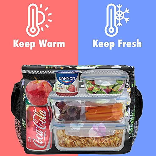 opux Insulated Lunch Box Men Women, Lunch Bag for Work School, Leakproof Soft Cooler Tote Adult, Large Lunch Pail Kids Boys Girls, Picnic Beach Food Bag with Shoulder Strap, Grey Floral - Image 2
