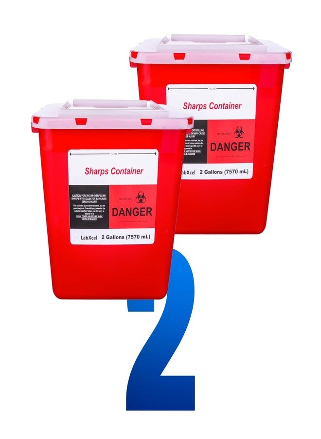 LabXcel Polypropylene 2 Gallons Sharps Container with Cap – Needle & Syringe Disposal for Home & Professional Use, Free Standing, Translucent Sliding Lid, PVC-Free Medical Waste Bin – Red, 2 Count - Image 1