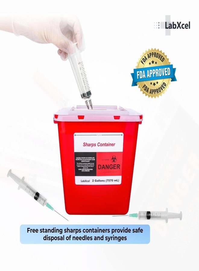 LabXcel Polypropylene 2 Gallons Sharps Container with Cap – Needle & Syringe Disposal for Home & Professional Use, Free Standing, Translucent Sliding Lid, PVC-Free Medical Waste Bin – Red, 2 Count - Image 3