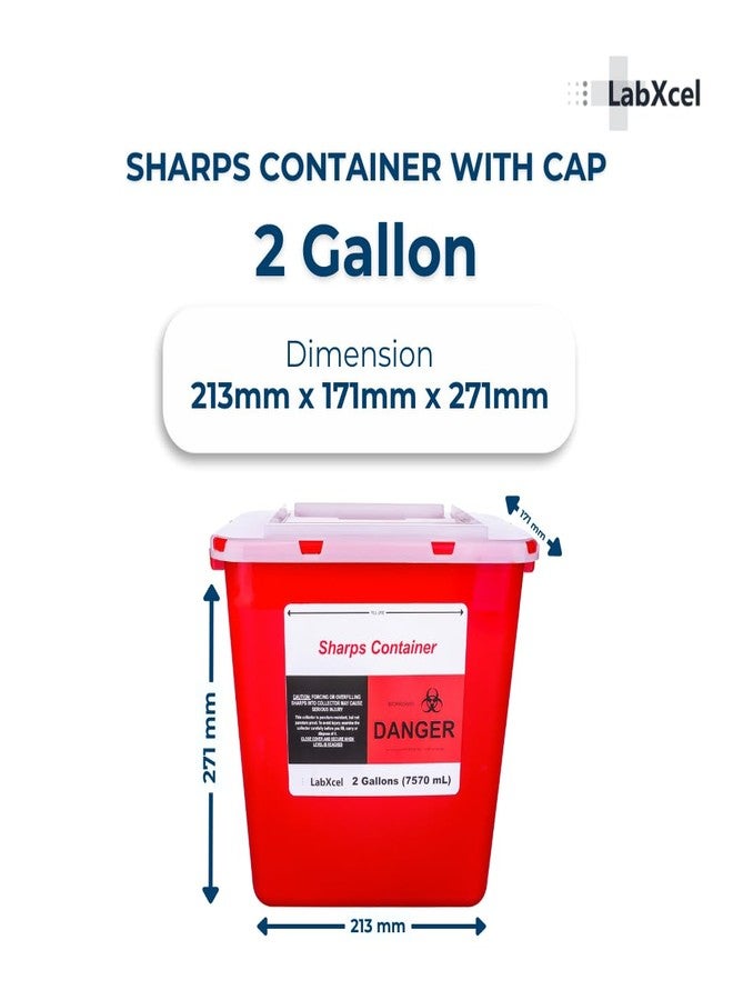 LabXcel Polypropylene 2 Gallons Sharps Container with Cap – Needle & Syringe Disposal for Home & Professional Use, Free Standing, Translucent Sliding Lid, PVC-Free Medical Waste Bin – Red, 2 Count - Image 2