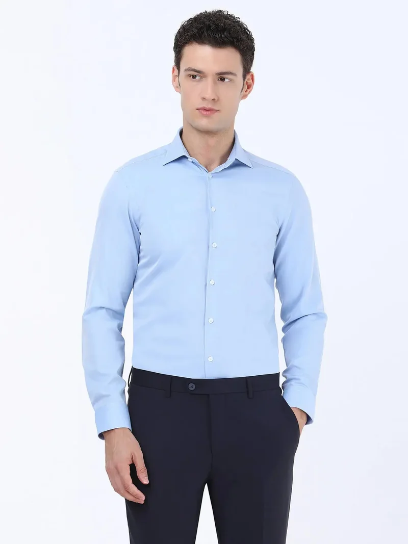 Kip Blue Plain Slim Fit Weaving Classical Cotton Blended Shirt