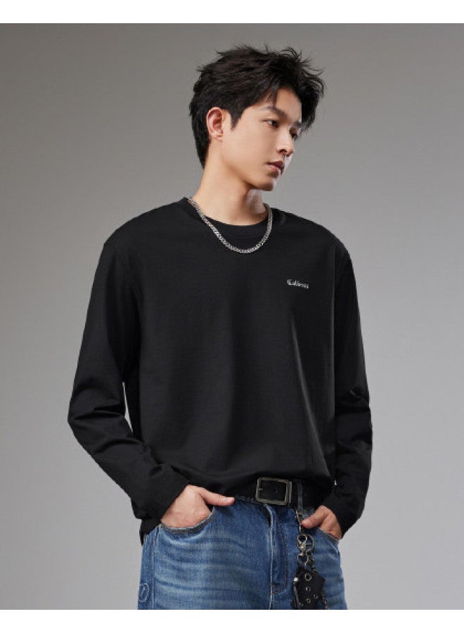 Cabbeen Soft And Comfortable With Cotton Content] Men's T-shirt With Logo High-frequency Wave Design, Versatile For Autumn And Winter Warmth Long-sleeve T-shirt - Image 1