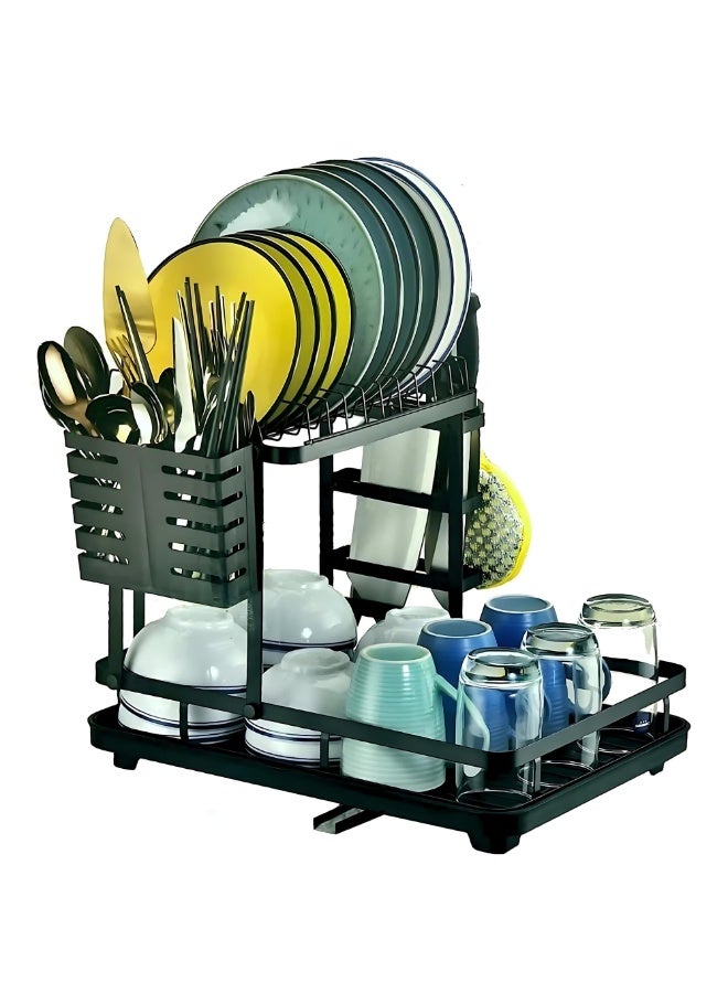 VIO Space Saving Dish Drying Rack Stainless Steel Tiered Dish Rack with Drain Board Large Capacity Kitchen Dish Drainer Organizer with Utensil Holder Heavy Duty 2 Tier Dish Drying Rack Compact Black Carbon Steel 2 Level Kitchen Organizer 42 × 30 CM - Image 1
