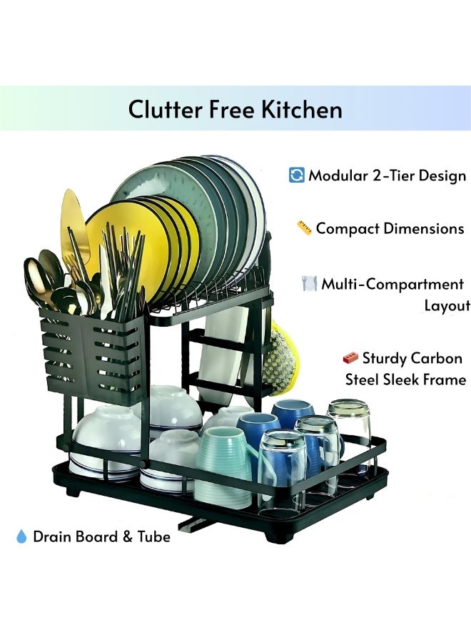 VIO Space Saving Dish Drying Rack Stainless Steel Tiered Dish Rack with Drain Board Large Capacity Kitchen Dish Drainer Organizer with Utensil Holder Heavy Duty 2 Tier Dish Drying Rack Compact Black Carbon Steel 2 Level Kitchen Organizer 42 × 30 CM - Image 2