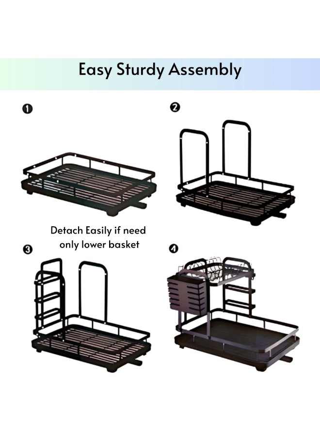 VIO Space Saving Dish Drying Rack Stainless Steel Tiered Dish Rack with Drain Board Large Capacity Kitchen Dish Drainer Organizer with Utensil Holder Heavy Duty 2 Tier Dish Drying Rack Compact Black Carbon Steel 2 Level Kitchen Organizer 42 × 30 CM - Image 4