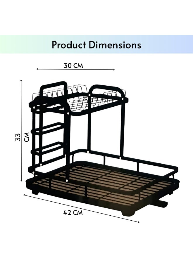VIO Space Saving Dish Drying Rack Stainless Steel Tiered Dish Rack with Drain Board Large Capacity Kitchen Dish Drainer Organizer with Utensil Holder Heavy Duty 2 Tier Dish Drying Rack Compact Black Carbon Steel 2 Level Kitchen Organizer 42 × 30 CM - Image 5