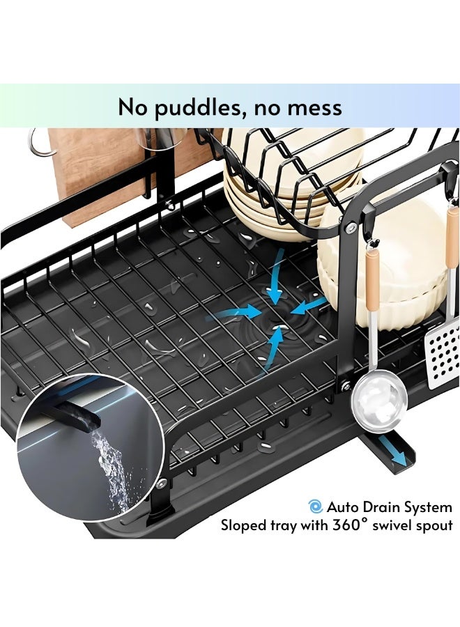 VIO Space Saving Dish Drying Rack Stainless Steel Tiered Dish Rack with Drain Board Large Capacity Kitchen Dish Drainer Organizer with Utensil Holder Heavy Duty 2 Tier Dish Drying Rack Compact Black Carbon Steel 2 Level Kitchen Organizer 42 × 30 CM - Image 3