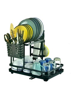 VIO Space Saving Dish Drying Rack Stainless Steel Tiered Dish Rack with Drain Board Large Capacity Kitchen Dish Drainer Organizer with Utensil Holder 2 Level Black  - Image 1