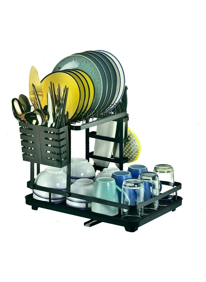 VIO Space Saving Dish Drying Rack Stainless Steel Tiered Dish Rack with Drain Board Large Capacity Kitchen Dish Drainer Organizer with Utensil Holder 2 Level Black  - Image 1