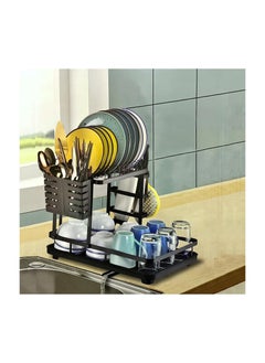 VIO Space Saving Dish Drying Rack Stainless Steel Tiered Dish Rack with Drain Board Large Capacity Kitchen Dish Drainer Organizer with Utensil Holder 2 Level Black  - Image 3