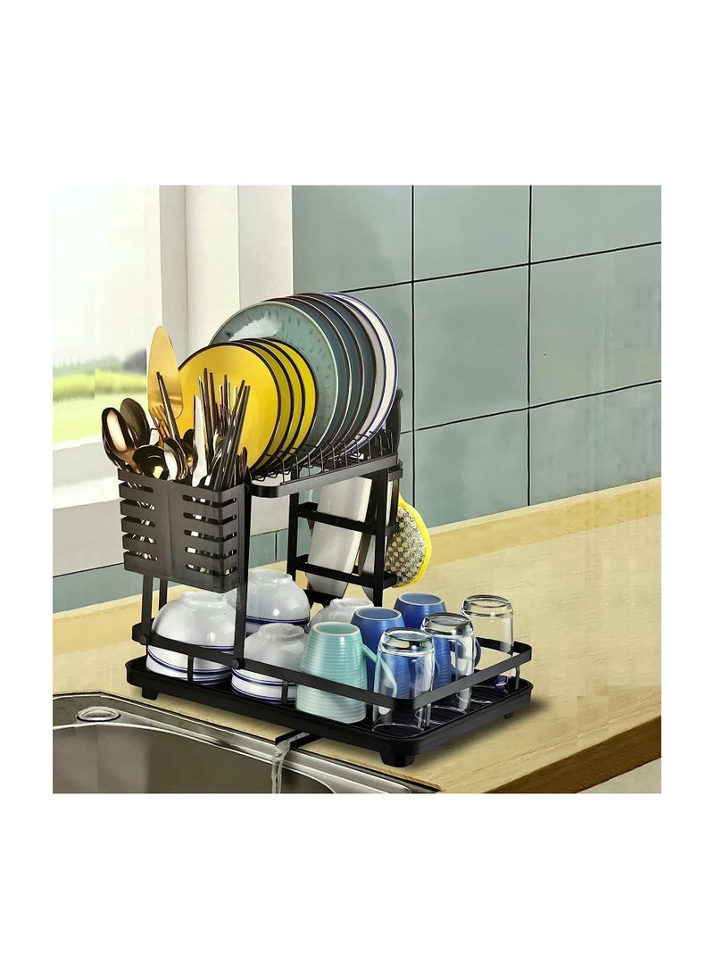 VIO Space Saving Dish Drying Rack Stainless Steel Tiered Dish Rack with Drain Board Large Capacity Kitchen Dish Drainer Organizer with Utensil Holder 2 Level Black  - Image 3