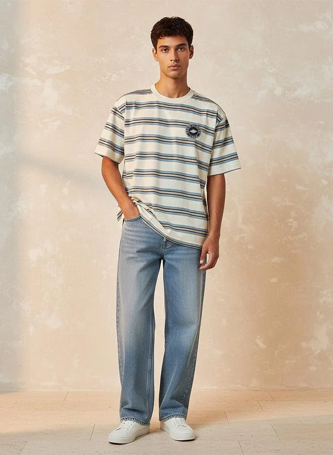 Lee Cooper Cream Lee Cooper Regular Fit Crew Neck Short Sleeves Striped T-shirt for Men | Best Price UAE