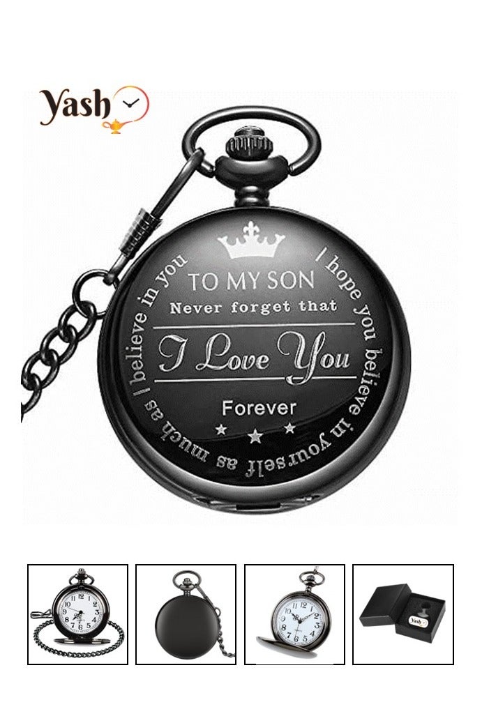 ياش ساعة جيب ياش فينتاج من سون كوارتز سوداء اللون مع سلسلة وتغليف كلاسيكي - هدية مثالية - Image 1