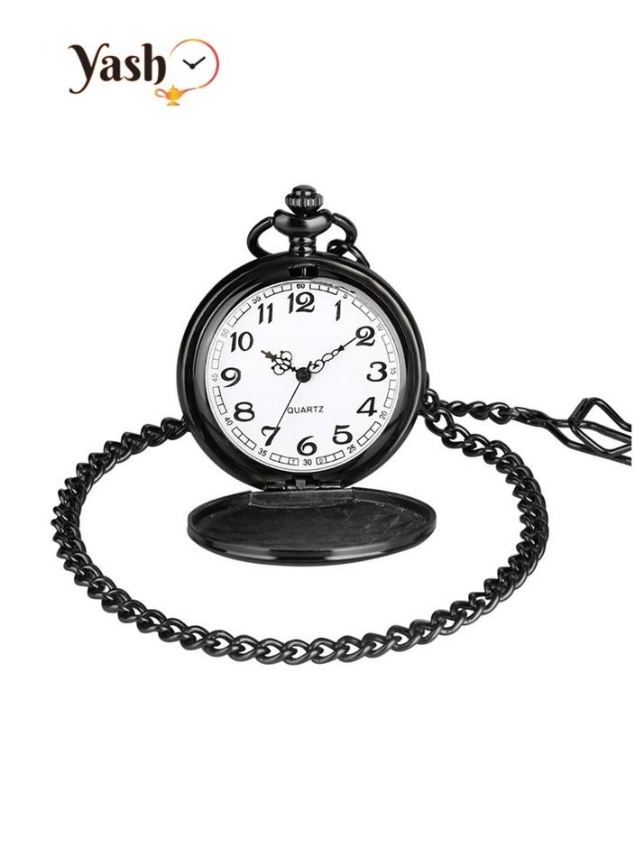 ياش ساعة جيب ياش فينتاج من سون كوارتز سوداء اللون مع سلسلة وتغليف كلاسيكي - هدية مثالية - Image 2