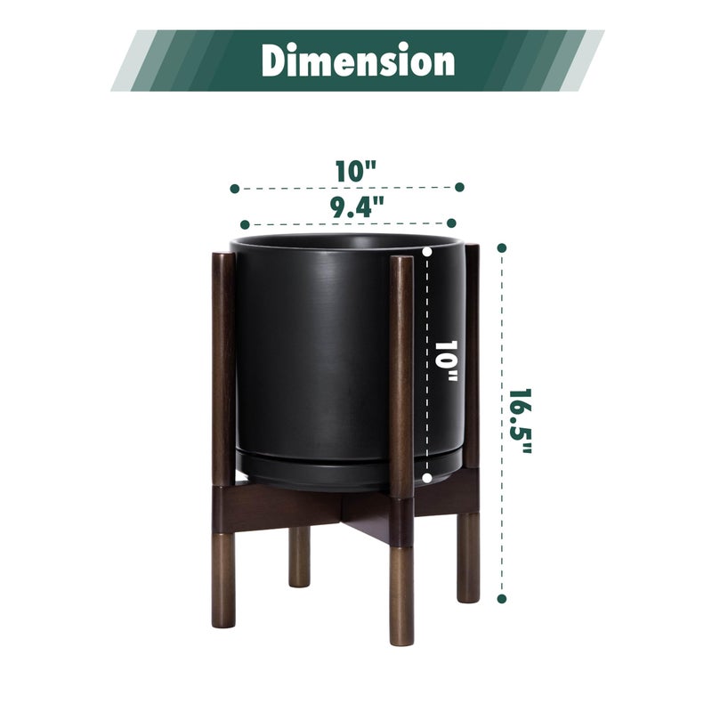 D'vine Dev Ceramic Planter with Walnut Color Stand - 10 Inch Modern Round Flower Pot with Wood Planter Holder, Black, 55-B-X-2 - Image 3