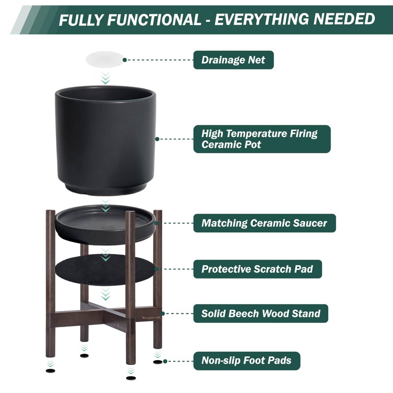 D'vine Dev Ceramic Planter with Walnut Color Stand - 10 Inch Modern Round Flower Pot with Wood Planter Holder, Black, 55-B-X-2 - Image 5
