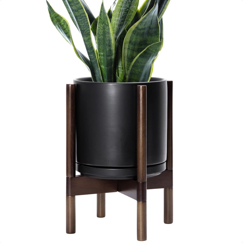 D'vine Dev Ceramic Planter with Walnut Color Stand - 10 Inch Modern Round Flower Pot with Wood Planter Holder, Black, 55-B-X-2 - Image 1