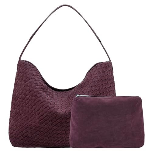 YLYYHH Leather Woven Tote Bag for Women, Vintage Suede Woven Hobo Bag, Designer Women Suede Purse, Large Crossbody Shoulder Slouchy Handbag, Wine Red - Image 1
