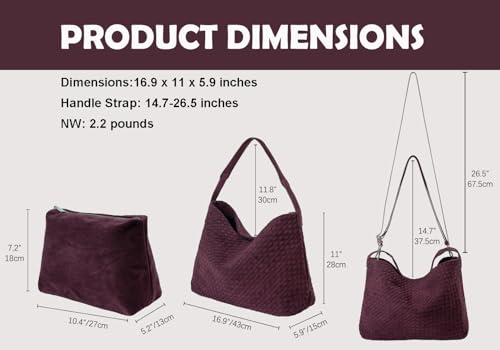 YLYYHH Leather Woven Tote Bag for Women, Vintage Suede Woven Hobo Bag, Designer Women Suede Purse, Large Crossbody Shoulder Slouchy Handbag, Wine Red - Image 3