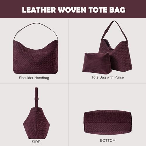 YLYYHH Leather Woven Tote Bag for Women, Vintage Suede Woven Hobo Bag, Designer Women Suede Purse, Large Crossbody Shoulder Slouchy Handbag, Wine Red - Image 2
