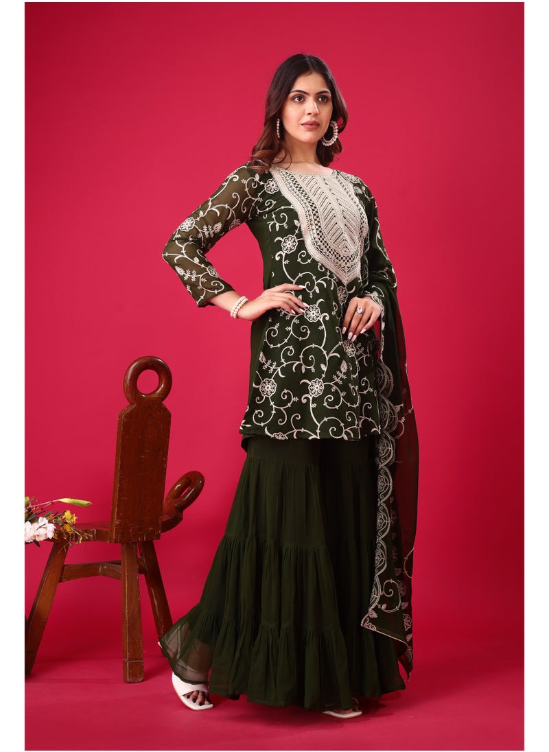 Super Asian Luxury Georgette Embroidered Sharara Set – Full Sleeve Top with Dupatta  - Image 3