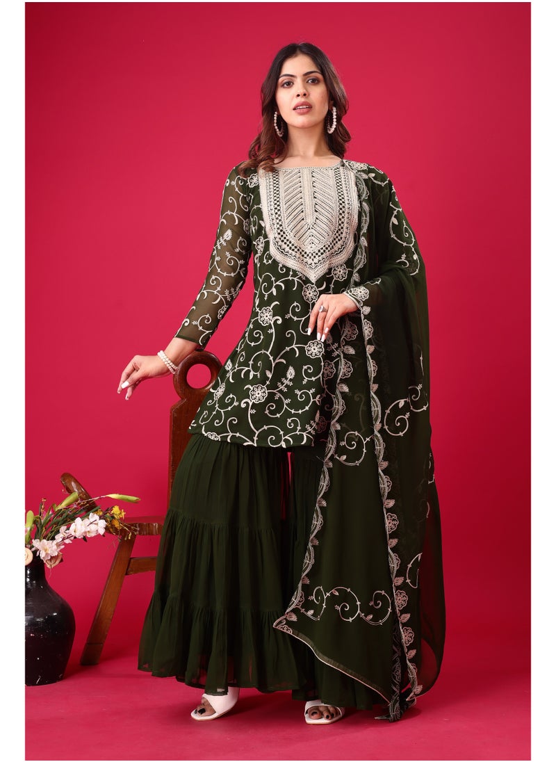 Super Asian Luxury Georgette Embroidered Sharara Set – Full Sleeve Top with Dupatta  - Image 1