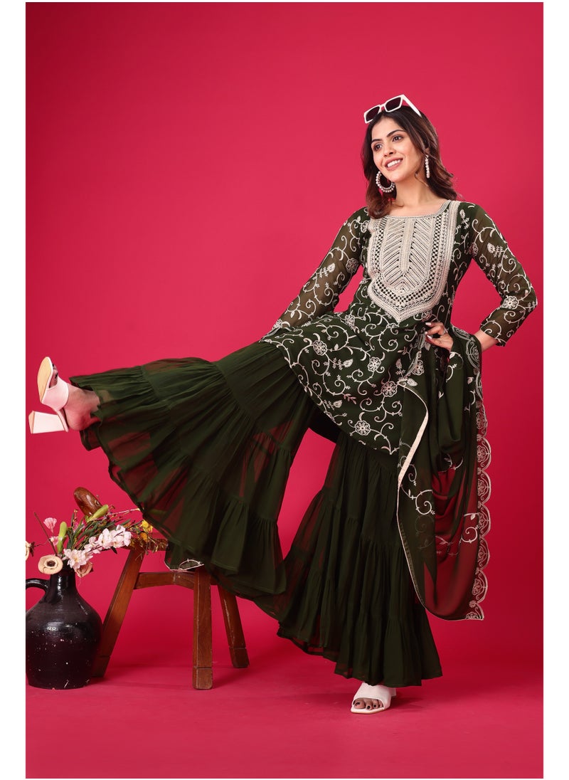 Super Asian Luxury Georgette Embroidered Sharara Set – Full Sleeve Top with Dupatta  - Image 5