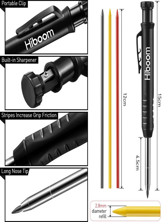 HI-BOOM Hiboom 6 Pack Carpenter Pencil with Sharpener, Long Nosed Deep Hole Tip Mechanical Hole Marker with 36 Pcs 2.8 mm Refills for Woodworking Drafting Architect Construction, Design Patent - Image 3