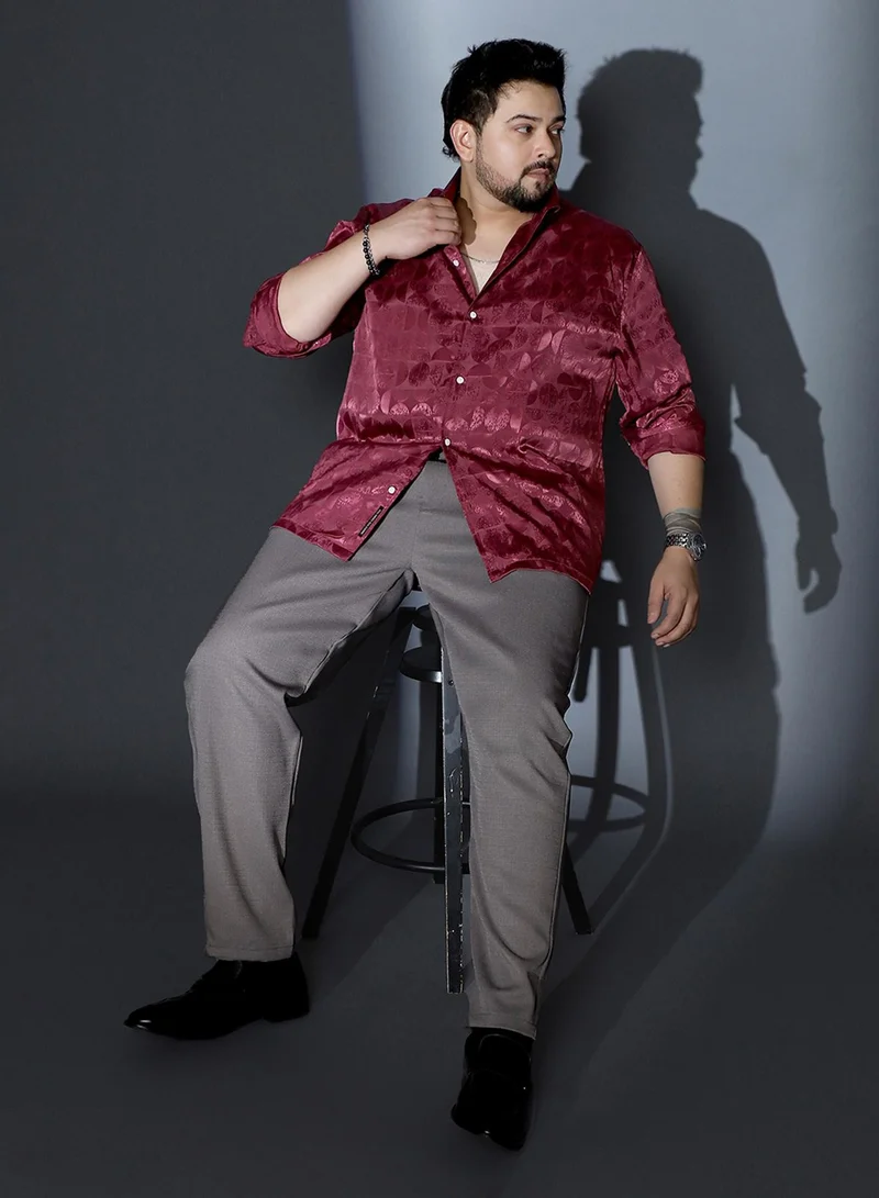 Instafab Plus  Instafab Plus Men Semicurve-Jacquard Satin Shirt | One Piece Collar , Long Cuffed Sleeves | Button Closure , Straight Hem | Geometric Jacquard | Woven Fabric For Party & Evening Wear | Wine Red for Men | Best Price UAE