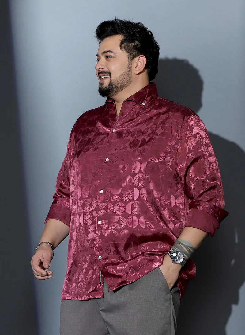 Instafab Plus  Instafab Plus Men Semicurve-Jacquard Satin Shirt | One Piece Collar , Long Cuffed Sleeves | Button Closure , Straight Hem | Geometric Jacquard | Woven Fabric For Party & Evening Wear | Wine Red for Men | Best Price UAE