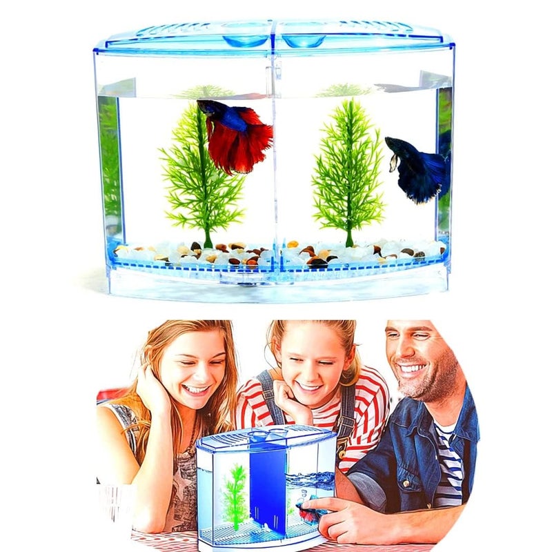 VAYINATO Betta Fish Tank Home Aquarium, 20Cm X 15Cm X 9Cm - Small Mini Fish Tank With 2 Compartments - Aquaponic Desktop Tank Goldfish & Betta Fish (Multi Color) By Petzlifeworld - Image 1