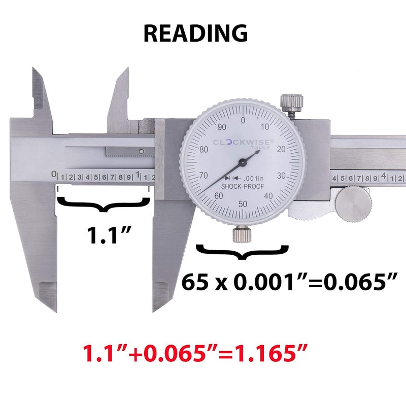 Clockwise Tools DDLR-1205 Pro Dial Caliper 0-12 Inch Double Shock Proof Stainless Steel Body SAE Measuring Tool - Image 5